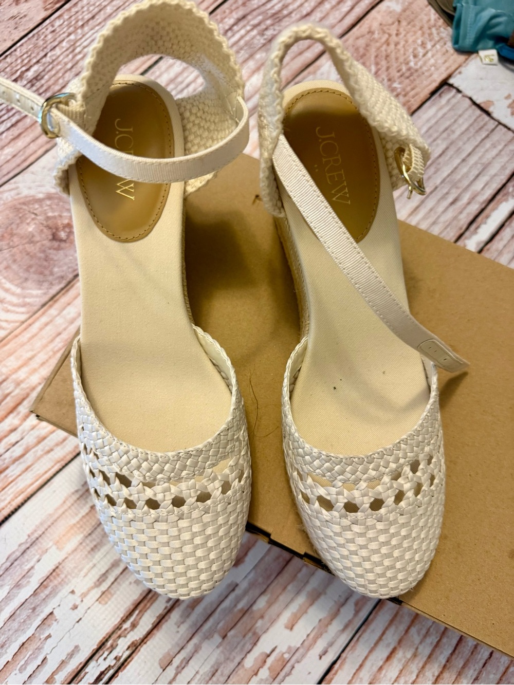 J. Crew Cream Woven Ankle-Strap Espadrille Wedges (Ivory Tone)